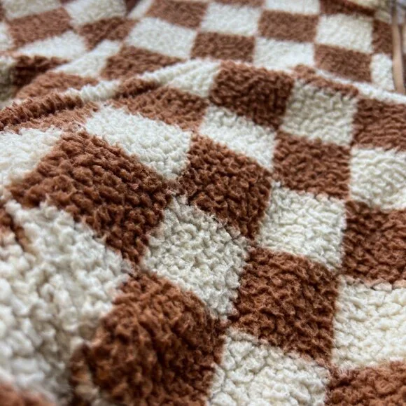 Gap Kids XL (12) Cream & Brown Checkered Hooded Fleece Pullover Jacket - Picture 4 of 8